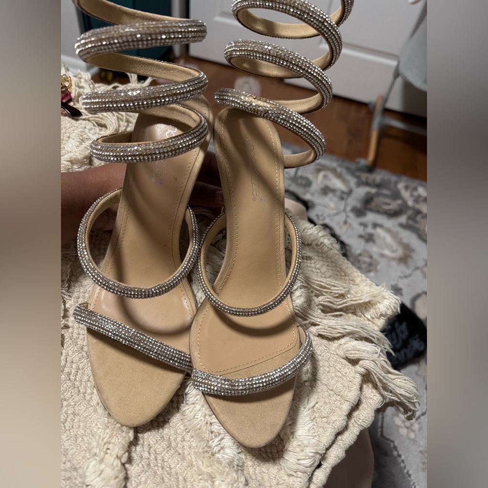 Elegant Beige Strappy Heels with Rhinestones